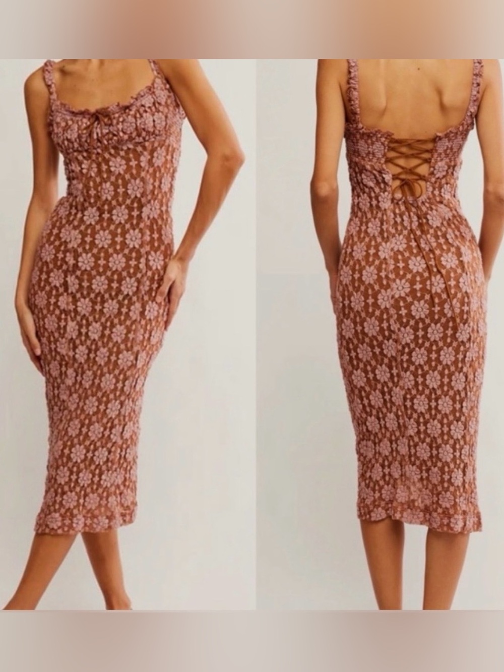 Free People Lucinda Lace Pink and Ginger Back Lace-Up Midi Dress NWT Sz M - Picture 3 of 12